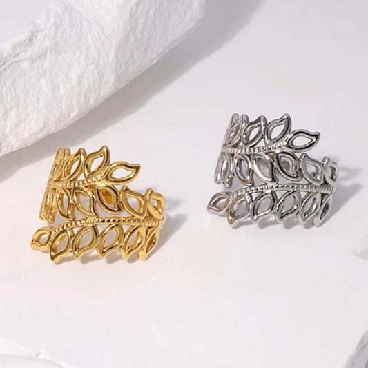 Anillos de acero inoxidable  con hojas minimalistas