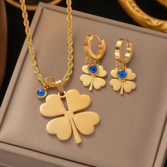Conjunto de Collar y Pendientes Acero Titanio De Flor Retro